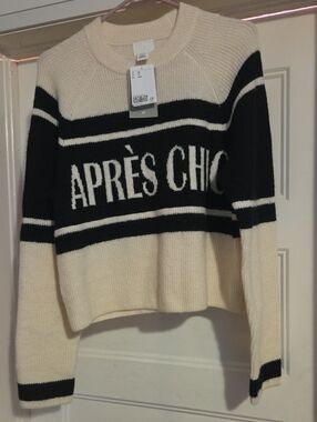 H&M Cream and Black 'APRÈS CHIC' Striped Crewneck Sweater